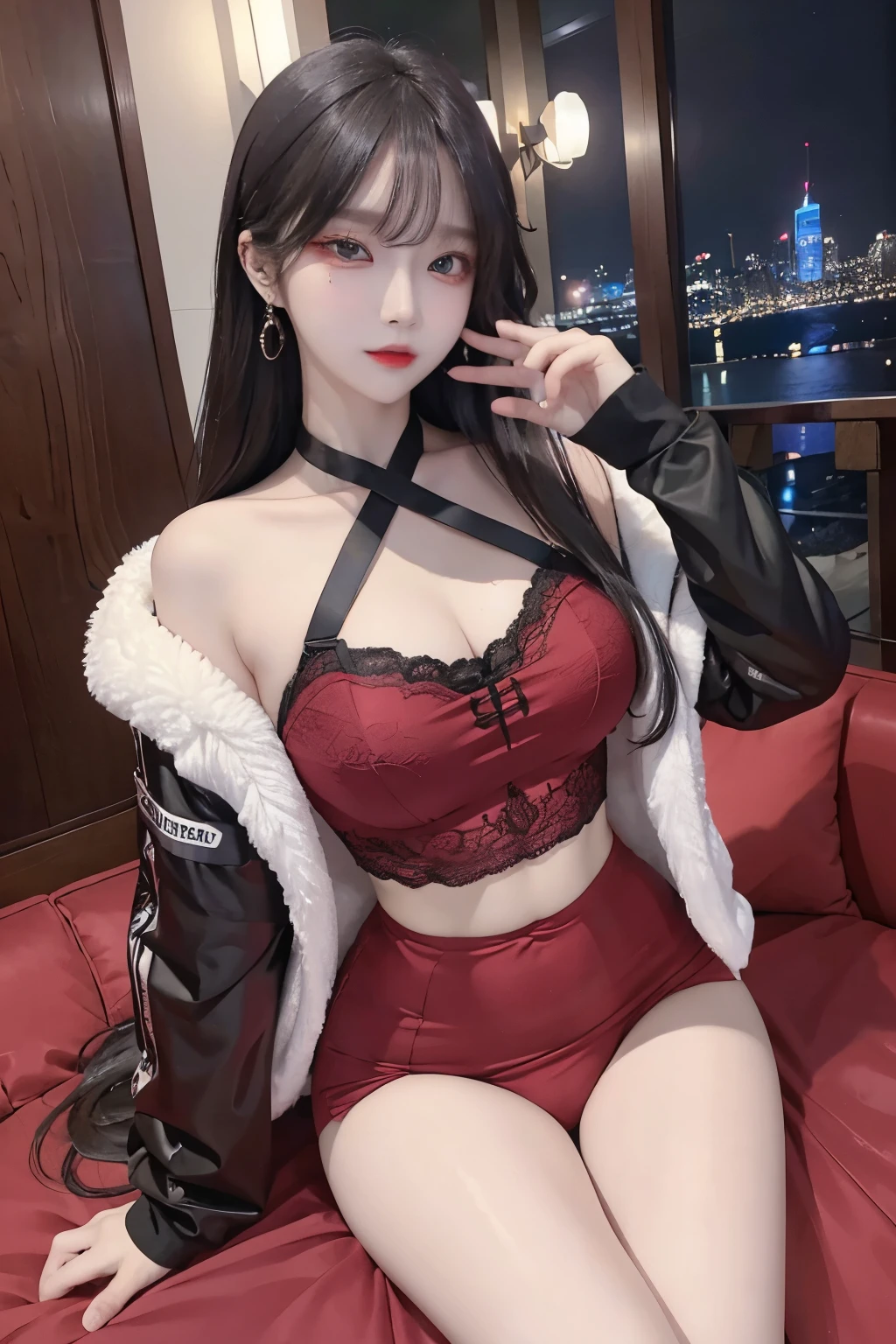 Top image quality、Raw photography、A high resolution、20-year-old cool Korean、big round chest、silk jacket、sexy red lace underwear、Beautiful Eyes of Details、very elongated eyes、Beautiful eyelashes、Beautiful double eyelids、eyeshadows、long legs,medium thighs, beautiful eyes finely detailed、elongated eyes、long eyeslashes、Beautiful double eyelids、eyeshadows、earrings、shiny skin、 1 girl, solo, chuppy girl,