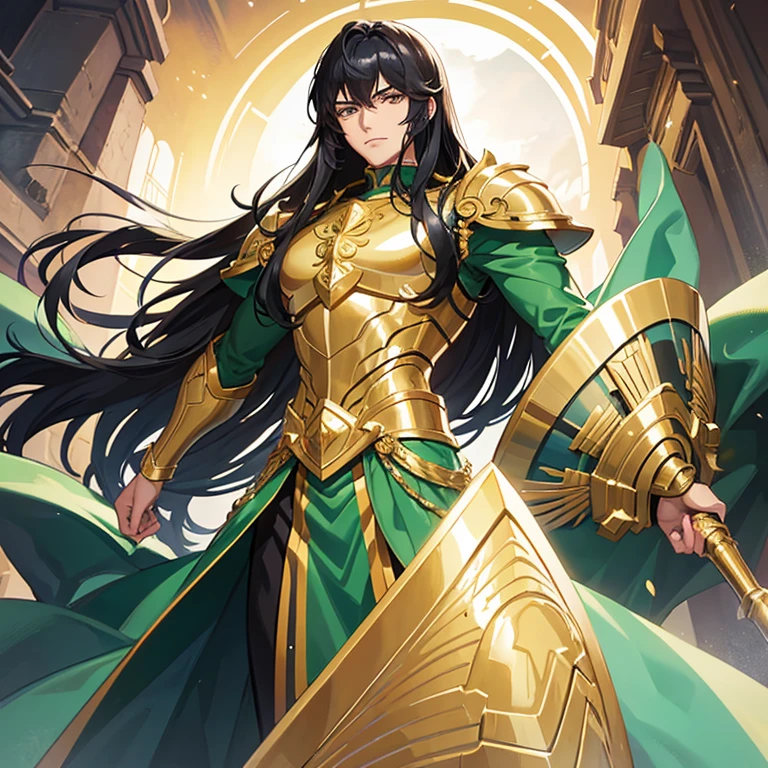 handsome young man, young appearance, slim build, dark complexion, long wavy black hair, golden eyes, green shirt, Saint Seiya silver color armor, shield theme.
