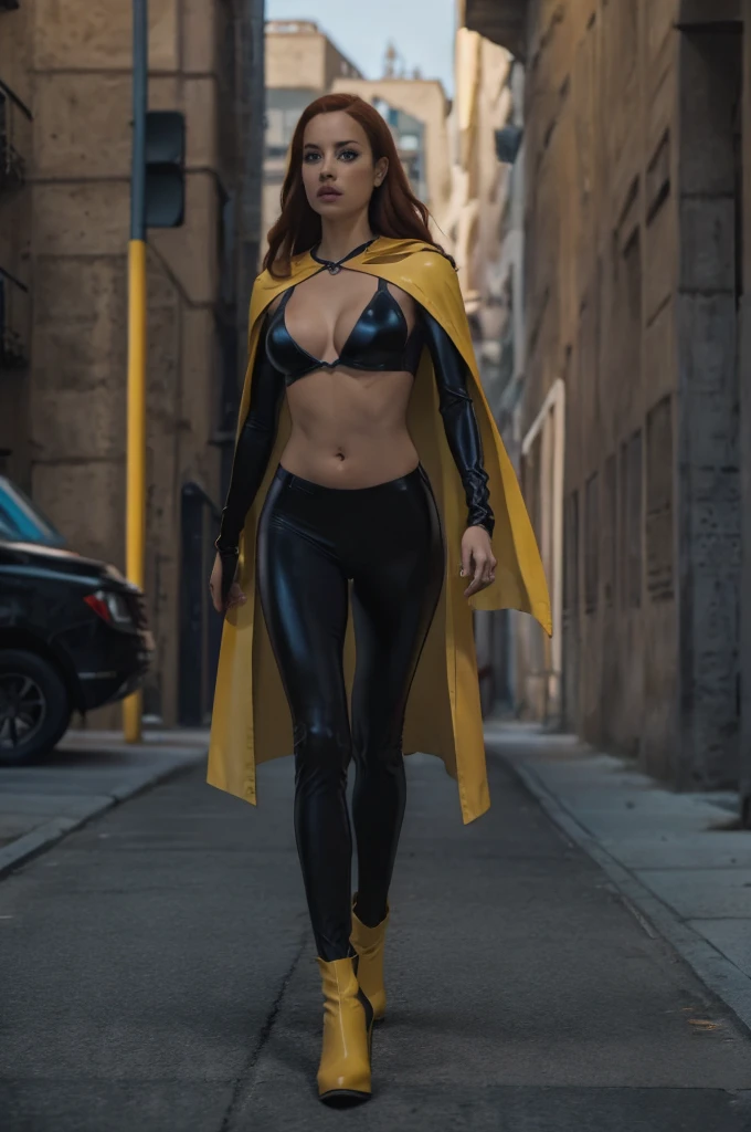 Slim young woman, full body, low legs, Legacy apartment, T-shirt, cleavage, navel showing, crotch showing, (wrinkles on leggins remarking the shape), crystal blue eyes, red hair , daylight, ((black spandex)) , yellow leather cloak,black latex costume and yellow boots high heels