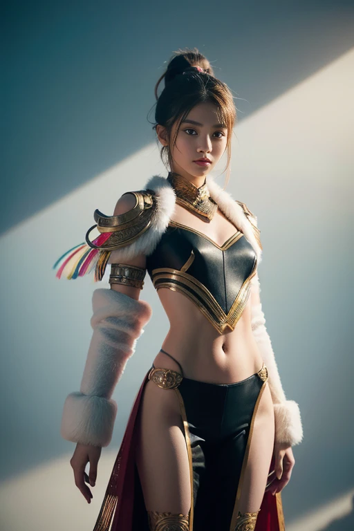 An Indonesian-styled futuristic suit worn by a girl depicting cultural fusion and modern fashion. The suit is adorned with intricate patterns and vibrant colors, showcasing the rich heritage of Indonesia. The girl stands confidently in a dynamic pose, with her detailed eyes reflecting determination and curiosity. The suit's material is a combination of traditional textiles and futuristic synthetic fabrics, giving it a unique and avant-garde appearance. The overall image quality is of the highest standard, with sharp focus and ultra-detailed rendering. The artwork employs physically-based rendering techniques, resulting in realistic lighting and shadows. The colors are vivid and vibrant, capturing the essence of Indonesian cultural aesthetics. The background features a fusion of modern architecture and traditional elements, creating a harmonious blend of the past and the future. The prompt explores the intersection of Indonesian culture, futuristic design, and the artistic representation of a confident girl.