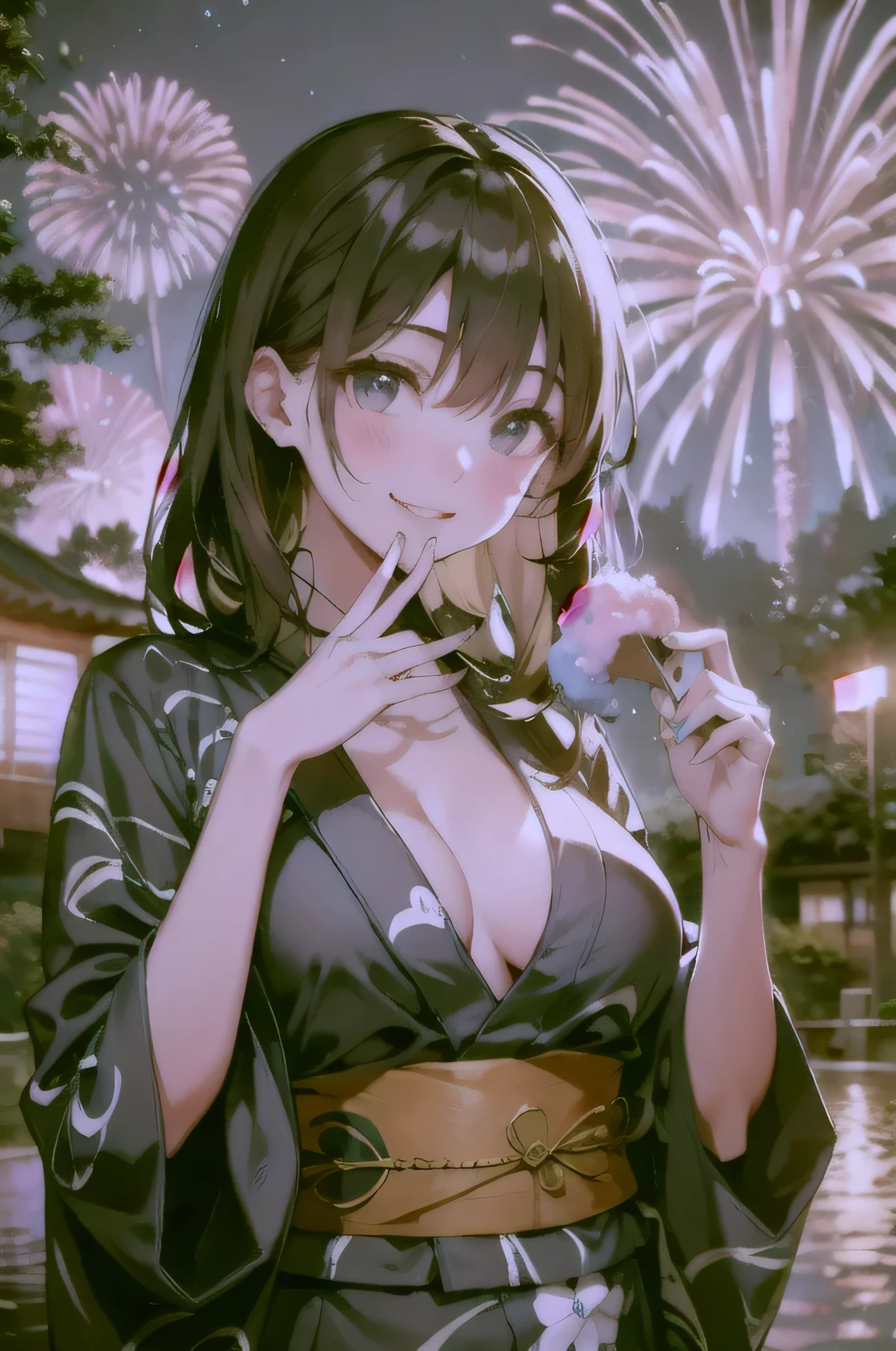top-quality、Full limbs、complete fingers、Slender beauty、straight haired、Brown hair、Longhaire、(navy blue yukata:1.3)、floral Yukata、Summer Festivals、River、Beautiful Large Breasts、A big smile、eating cotton candy、sexypose、nigh sky、skyrocket、Looking up at the fireworks
