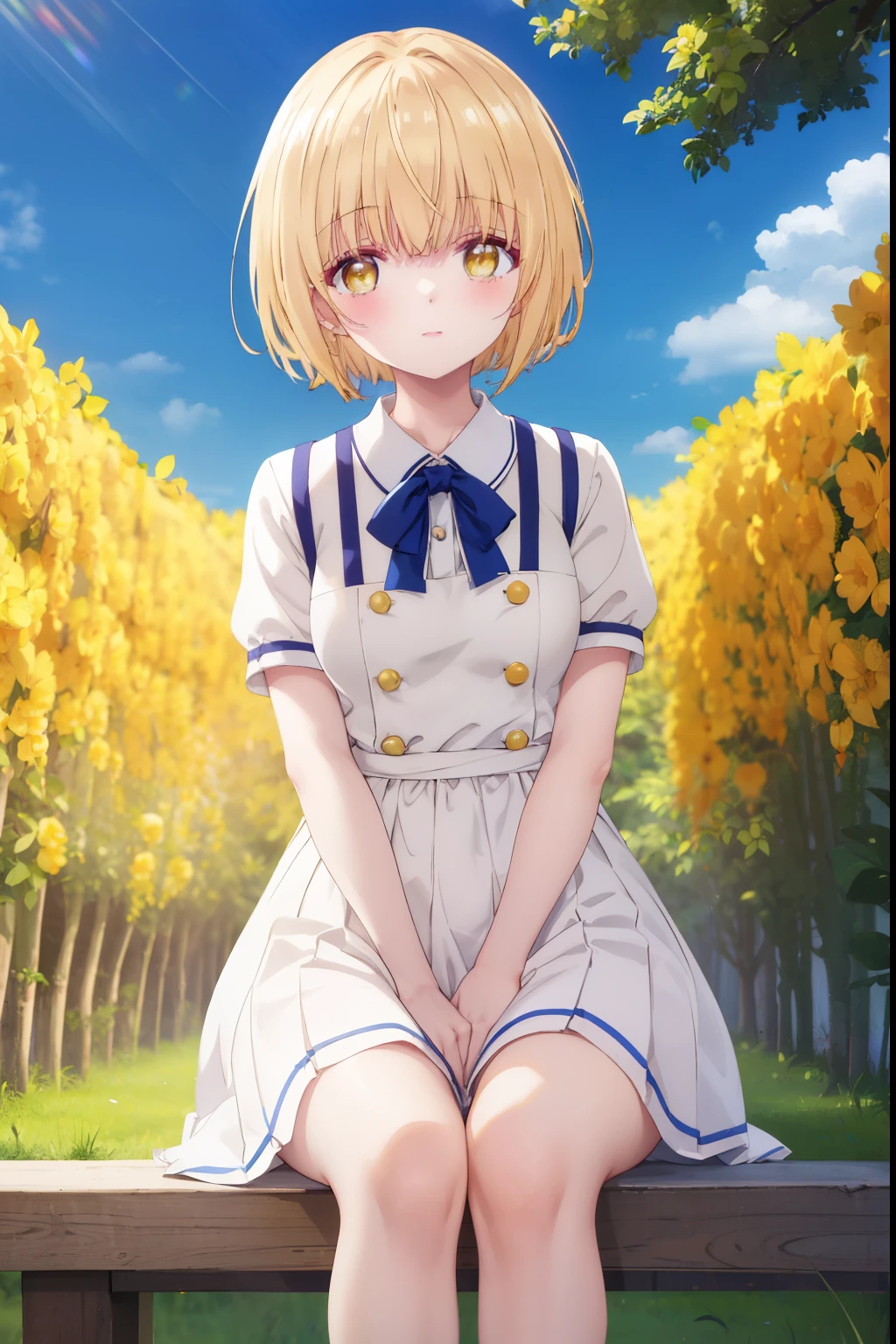 Mahiru shiina, , blonde, (Yellow Eyes:1.3)、Half Bob Hair,,blush,smile,Daytime、Captivating thighs、Beautiful bare legs, Short-sleeved uniform、Very cute
（masterpiece:1.2), highest quality, High resolution, unity 8k wallpaper, (shape:0.8), (Beautiful and beautiful eyes:1.6), Highly detailed face, Perfect lighting, Highly detailed CG, (Perfect hands, Perfect ???????),