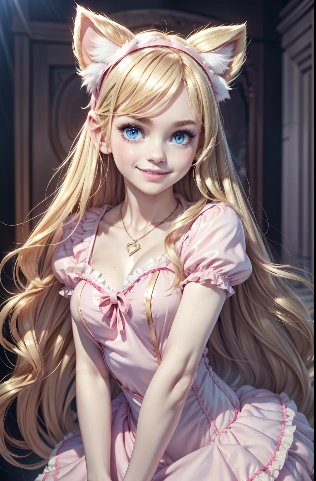 very young slender girl, full length, round face, very long tousled gold blond hair, big blue eyes, shy smile, perfect big chest, faux cat ears headband, pink ****ta, pararoro, puffy sleeves, short sleeves, necklace, frill, bows, ribbons, tight microdress, Very short pink dress