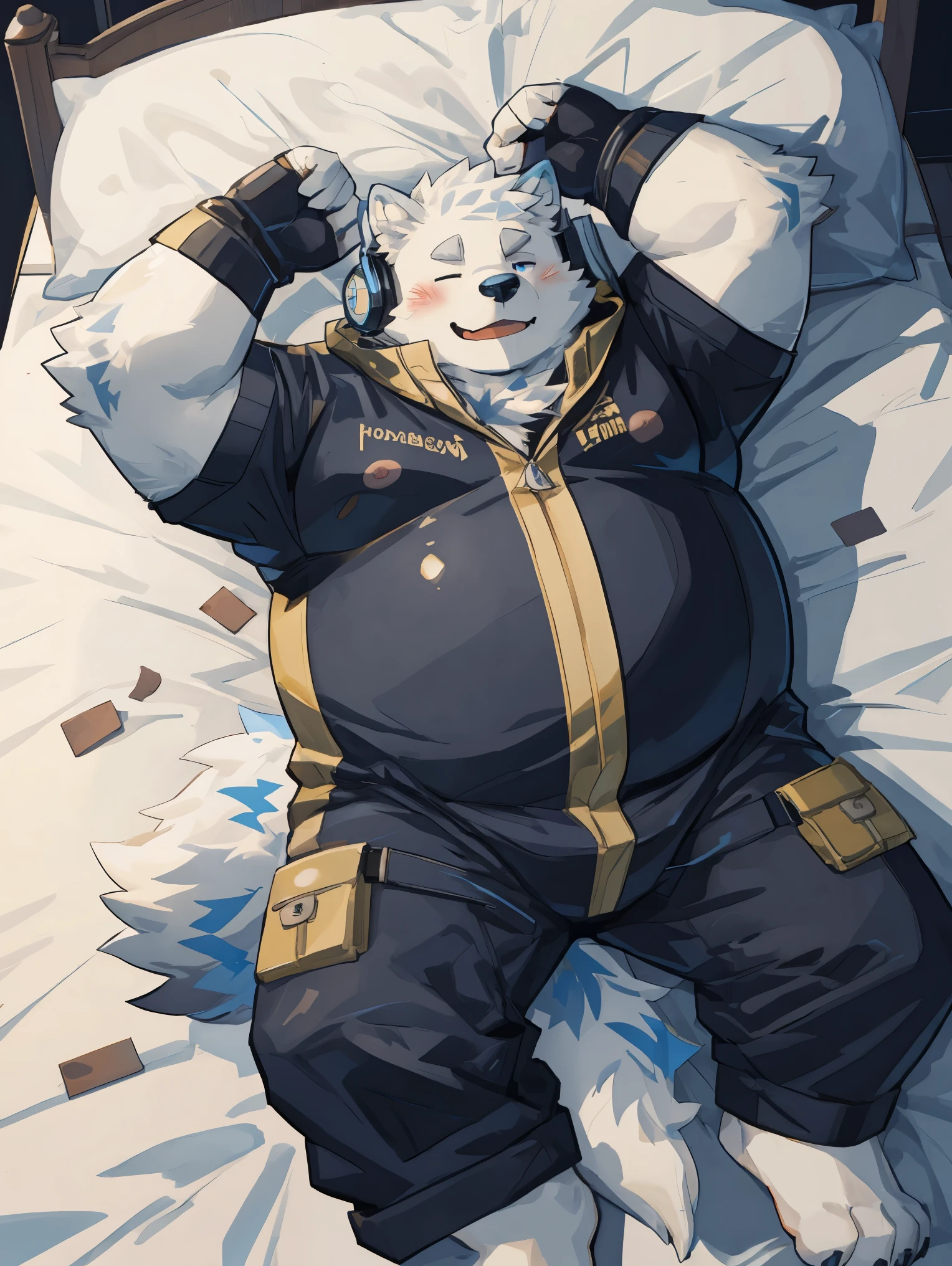 yohack, solo, canid, mammal, ((chubby)), white body, white fur, (blue eyes:1.2), band-aid, jumpsuit, superhero, handwear, scouter, smile, blush, nipples, one eye closed, stocky, ((overweight)), (on back, lying on bed, on bed:1.2), inside, headphones, high-angle view, by milkytiger1145, by 96panda ,High Detail, high quality,high resolution,