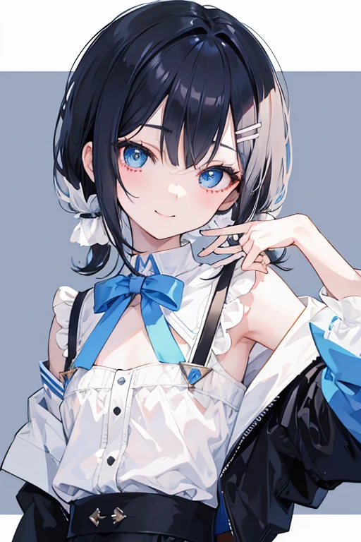 masterpiece、top quality、1 girl、slim、black hair、smile, short low twintail, pale blue eyes, white hair, hair clip, flat chest、jito order、viewer'aspect