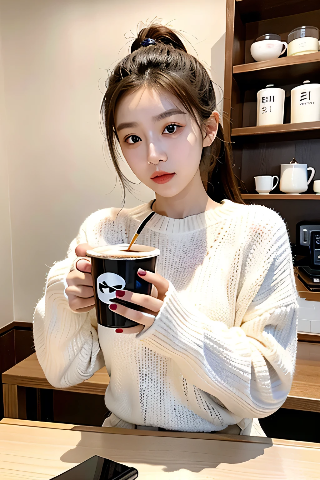 23-year-old girl,Korean,High Ponytail,sweet,White sweater,High-definition quality,Drink coffee at a coffee shop