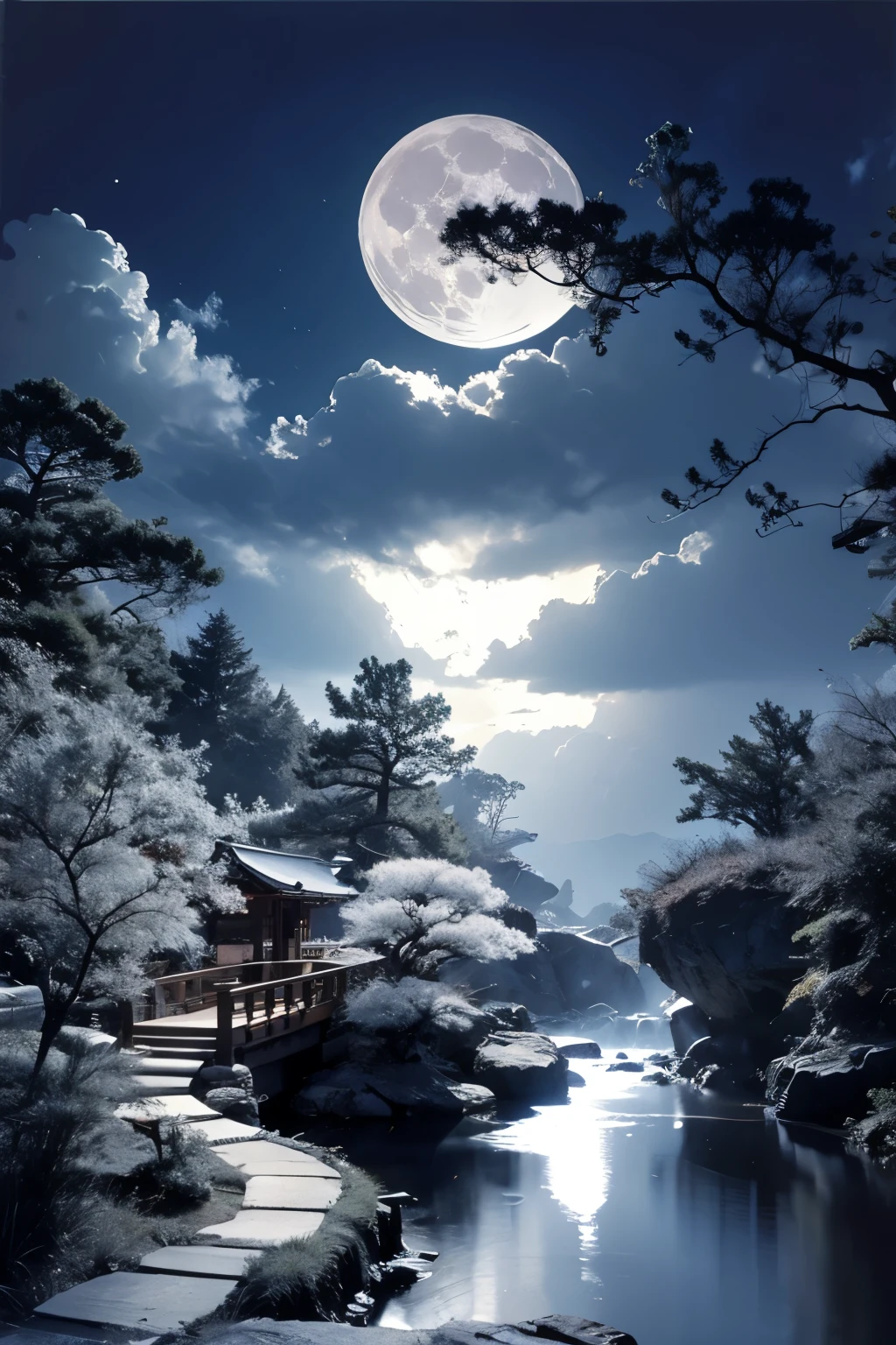 moshan,(japanese_garden:1.2), (bridge:1.2), (midnight:1.3), (fullmoon:1.3),

