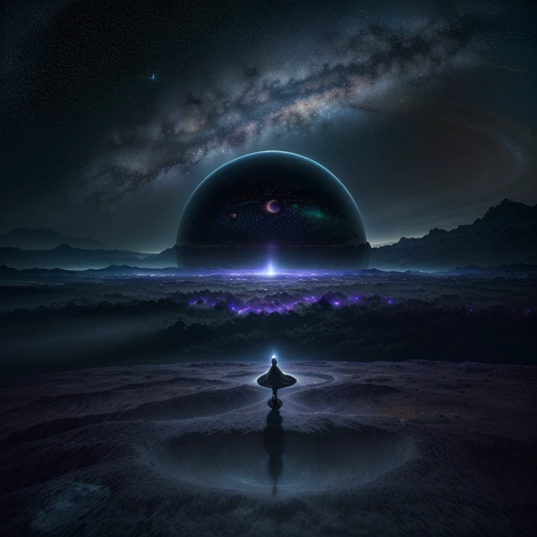 (best quality,4k,8k,highres,masterpiece:1.2),ultra-detailed,(realistic,photorealistic,photo-realistic:1.37),dark sky with stars,crisp clear night sky,distant dimly lit galaxy,gorgeous vibrant colors,lush greenery,dynamic lighting,planet with detailed texture,8 moons orbiting,tranquil atmosphere,immersive experience,astral landscape,deep space,otherworldly ambiance,beautifully composed scenery,cosmic wonders,epic planetary view,unforgettable visual spectacle,expanse of the universe,mesmerizing celestial objects,grandeur of the cosmos,distant galaxies beyond,awe-inspiring cosmic ballet,sense of vastness and scale,ethereal and magical,
