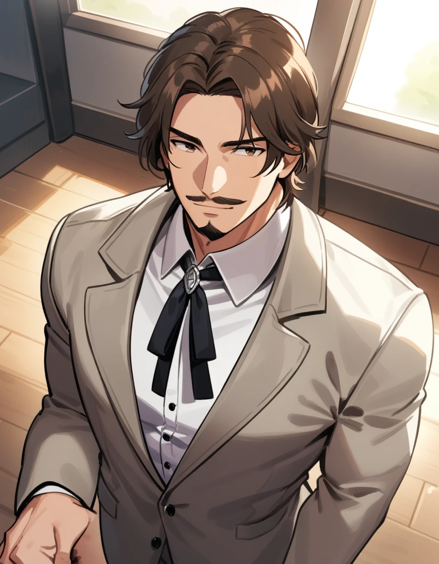 1man, mature male, parted bangs, short hair, brown hair, muscular celeb, white collared shirt, gray trench coat, black neck ribbon, solo, short goatee, POV, light smile, short mustache, dandyism, standing, in otome game style, visual novel, 2010s, VHS quality, masterpiece, best quality