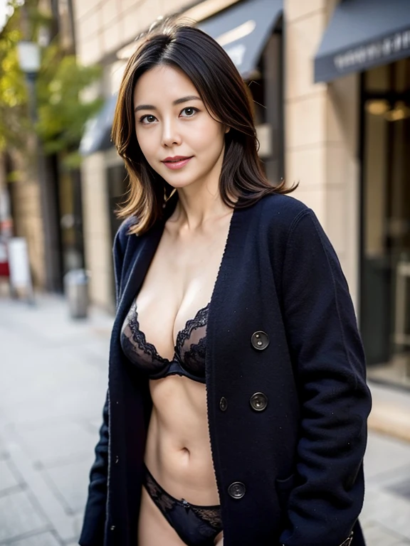 8k quality,masterpiece,best quality,cleveage,outdoor shopping ,A woman who looks 50 years old,woman with good figure,Wearing black underwear on the lower body,Wearing black underwear on upper body,Sweater coat