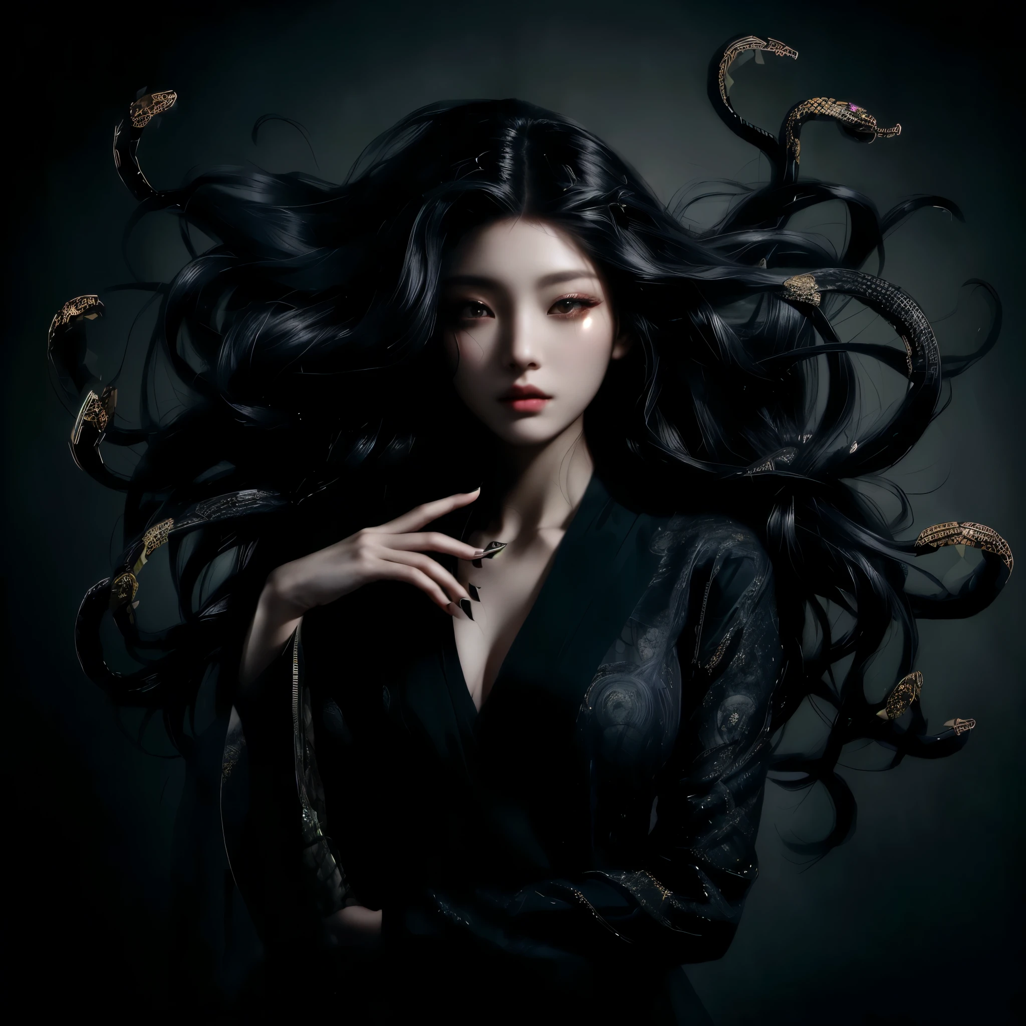 Modern Medusa、A young Japanese woman with dark hair poses for a photo, dark Portrait of Medusa, Many snakes like her hair, Dark Queen of Snakes, Woman medusa long hair, Long, flowing Medusa hair, Beautiful witch with long hair, Beautiful female gorgon, Goddess of Darkness with Six Arms, Portrait of Medusa, Boiling Medusa, Swirling black hair, Beautiful witch spooky woman、Her hair is made up of multiple detailed snakes