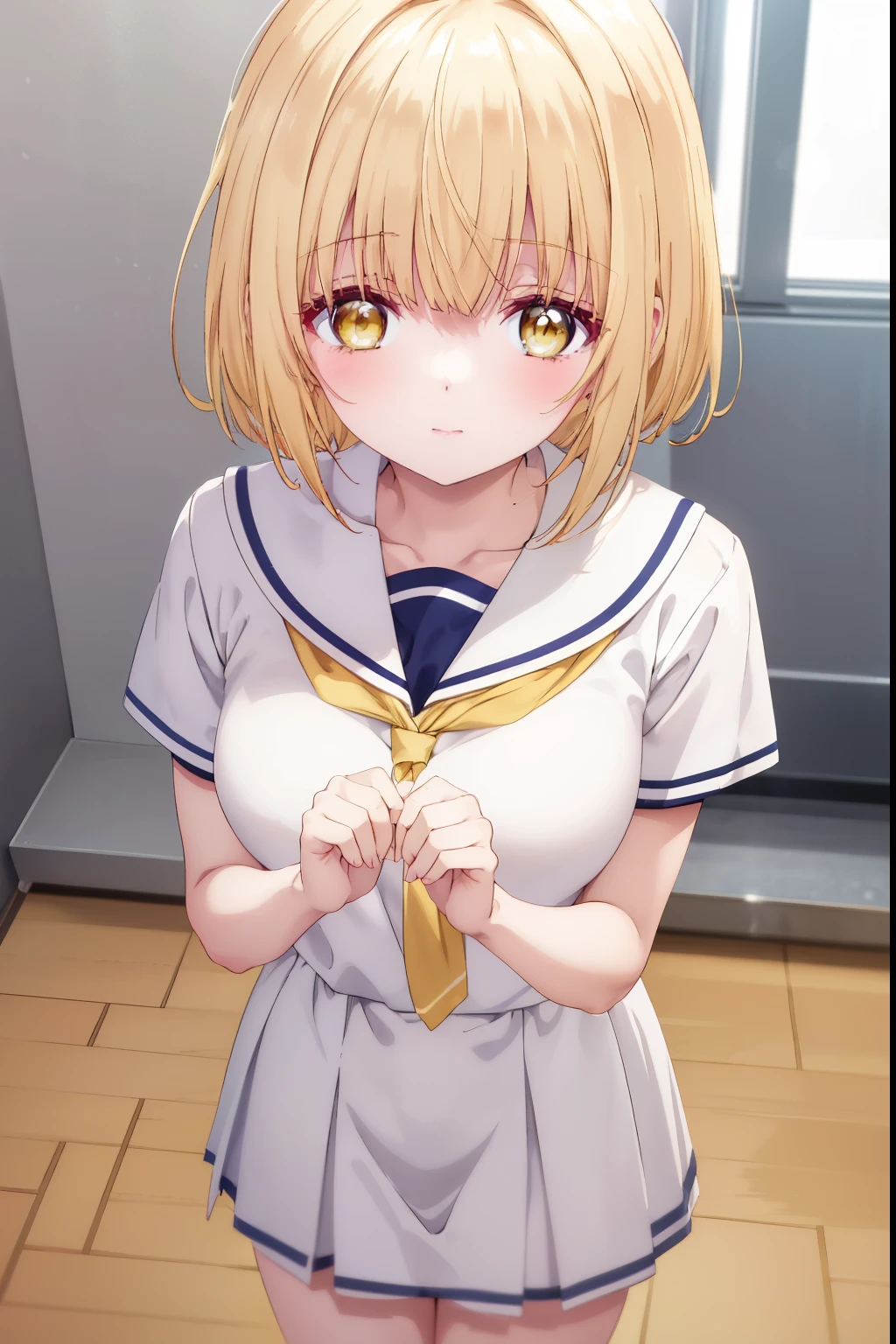 Mahiru shiina, , blonde, (Yellow Eyes:1.3)、Half Bob Hair,,blush,smile,Daytime、At school、School classroom、Captivating thighs、Beautiful bare legs, Short-sleeved sailor suit、Very cute
(masterpiece:1.2), highest quality, High resolution, unity 8k wallpaper, (shape:0.8), (Beautiful and beautiful eyes:1.6), Highly detailed face, Perfect lighting, Highly detailed CG, (Perfect hands, Perfect Anatomy),