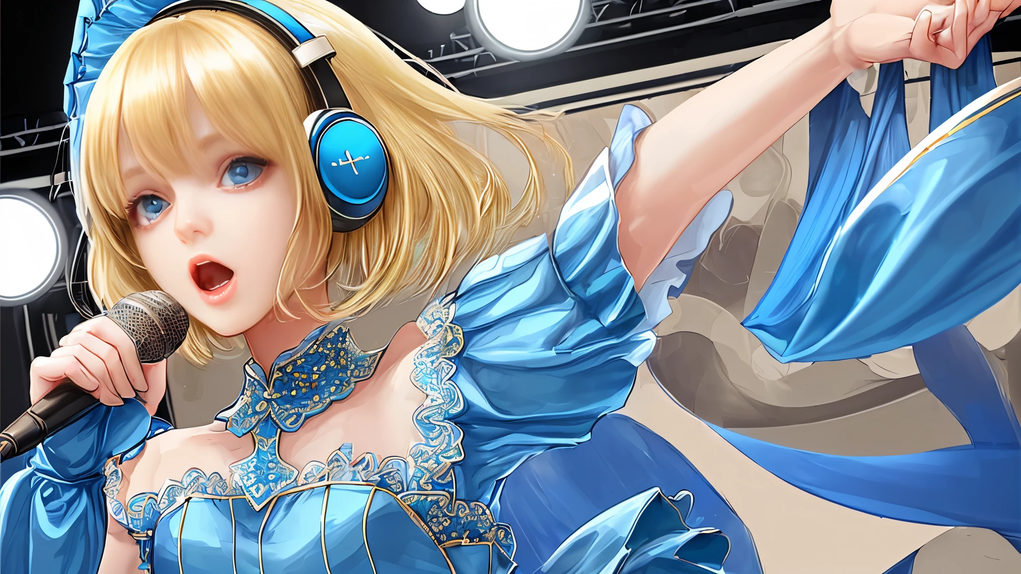 (((highest quality)))、Beautiful blonde、singing、music studio background、Headphones、Blue stage costume、The whole body is shown、Bobcut、Brunette Hair、Detailed face、