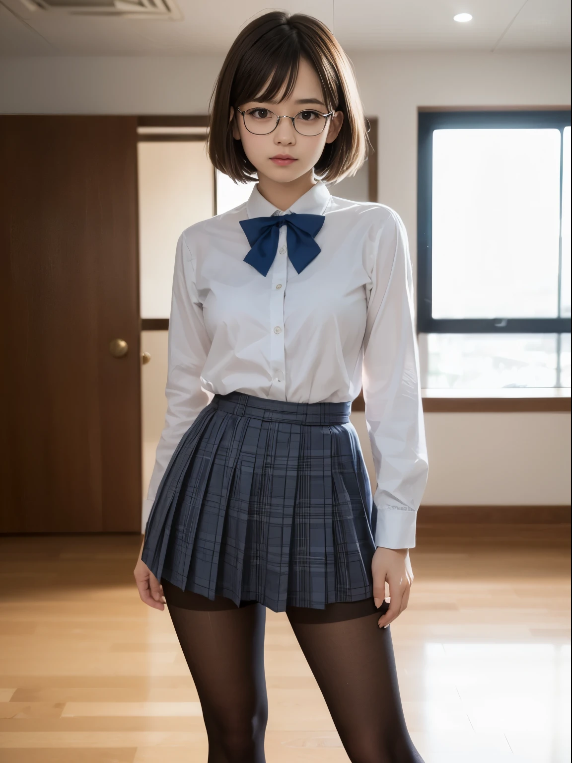 (Long Bob Cut),(I can see your underwear),(8K、Writing、Highest quality、masterpiece:1.2),Small breasts,Chromo - White skin,Saucy,School、Looking at the audience,Looking at the front,Plump,High-pitched clothing,Erotic,pupil,De Pere Blanca,Kune,(Black Pantyhose)),Disorganized,Small face,,The forehead is visible,額左右から垂れ下がっている前hair,(Cold look,awkward eyes、Glare、strong、irascible)、masterpiece、Highest quality、Ultra-high resolution、Writing真、even、Beautiful feces、one person、solo、Glasses、Dark look、Small breasts、ふくよかなbody、丸Glasses、JK、high school girl、Japanese women、Are standing、(PhotoReactive:1.37)、Photon Mapping、Realistic、Beauty、Cute little face、Brown eyes、Black socks、(Red bow tie)、Radio City、Physically Based Rendering、Depth of written boundary、Blurred Background、image、body、Beautiful feet、Long legs、Thin legs、(前hairが見える)、hair、lips、Blue_The目、The nose is soft、(Light blue shirt)、(Navy, blue and white checkered pleated skirt)、I can see your knees、See-through clothing、Thighs、black cotton socks、Nogizaka Idol、、Japanese Ido