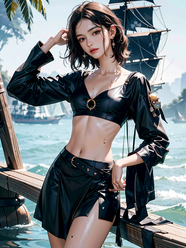 absurdres, RAW photo, extremely delicate and beautiful, masterpiece, Best Quality, ultra high resolution, 32k, hyperrealistic, ultra-detailed, perfect anatomy, anatomically correct, perfect figure, super Detailed skin, 20 years old, very Slim body, narrow waist, very small head, very small face, delicate facial features, detailed face, detailed eyes, tearful mole, earring, thin legs, bare legs, very huge round breasts, short medium hair, ((wavy hair)), wet clothes, ((Practical pirate clothing)), Long-sleeved pirate top, Skirt,