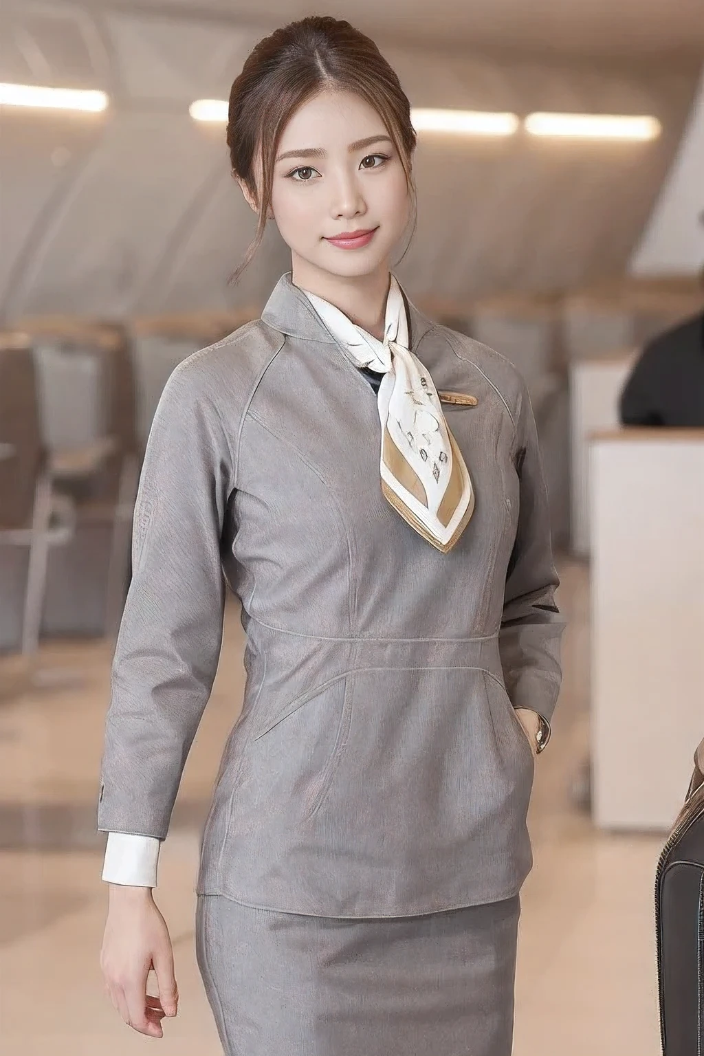 (masterpiece:1.2、highest quality:1.2)、32K HDR、High resolution、(alone、1 girl、Slim figure)、（Realistic style with Starlux Airlines uniform）、 (In the airport lounge, Professional Lighting)、（Starlux Airlines silver uniform:1.4）、（Starlux Airlines silver uniform with short sleeves）、（scarf on chest）、Big Breasts、（Long hair updo、Long hair tied back in a chignon）、Dark brown hair、Long Shot、（（Fine hand：2.0））、（（Harmonious body proportions：1.5））、（（Normal limbs：2.0））、（（Normal finger：2.0））、（（Delicate eyes：2.0））、（（Normal eyes：2.0））)、Beautiful standing posture