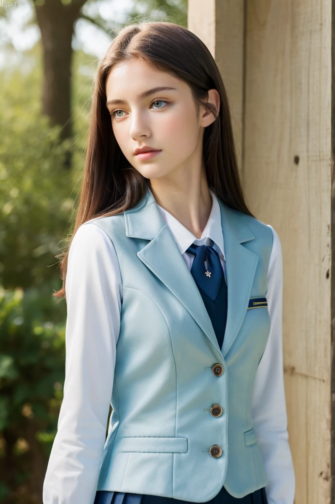 ( masterpiece, top quality, best quality,8k,17 years old girl,ultra detailed,raw photo:1.5),(photorealistic:1.4),(cinematic lighting), PerfectNwsjMajic, , Surrealism, UHD, ccurate, Super detail, textured skin, High detail, Best quality, dynamic angle, (high nose,White skin),[Beautiful blue eyes],[flat chest:large breasts:0.5],(1girl),(good anatomy:0.5)), school uniforms , royal school ,(upper body)