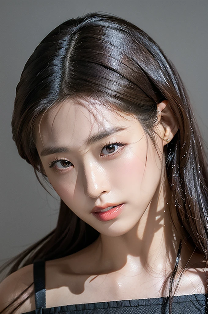 Best quality, masterpiece, ultra high res, (photorealistic:1.4), raw photo,1girl, solo, realistic, lips, black hair, looking at viewer, black eyes, teeth, long hair, hair over one eye, parted lips, nose, close-up, brown hair, simple background, brown eyes, black dress, off shoulder