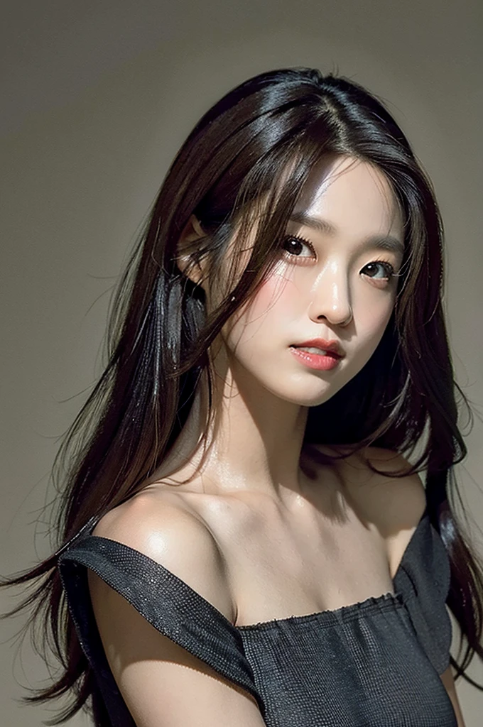 Best quality, masterpiece, ultra high res, (photorealistic:1.4), raw photo,1girl, solo, realistic, lips, black hair, looking at viewer, black eyes, teeth, long hair, hair over one eye, parted lips, nose, close-up, brown hair, simple background, brown eyes, black dress, off shoulder