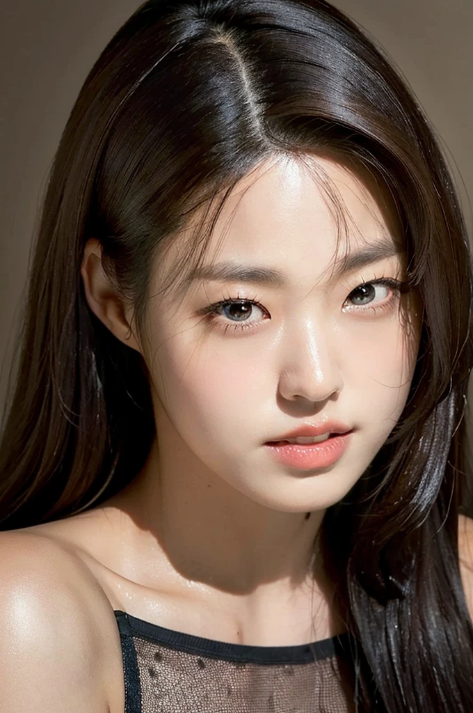 Best quality, masterpiece, ultra high res, (photorealistic:1.4), raw photo,1girl, solo, realistic, lips, black hair, looking at viewer, black eyes, teeth, long hair, hair over one eye, parted lips, nose, close-up, brown hair, simple background, brown eyes, black dress, off shoulder
