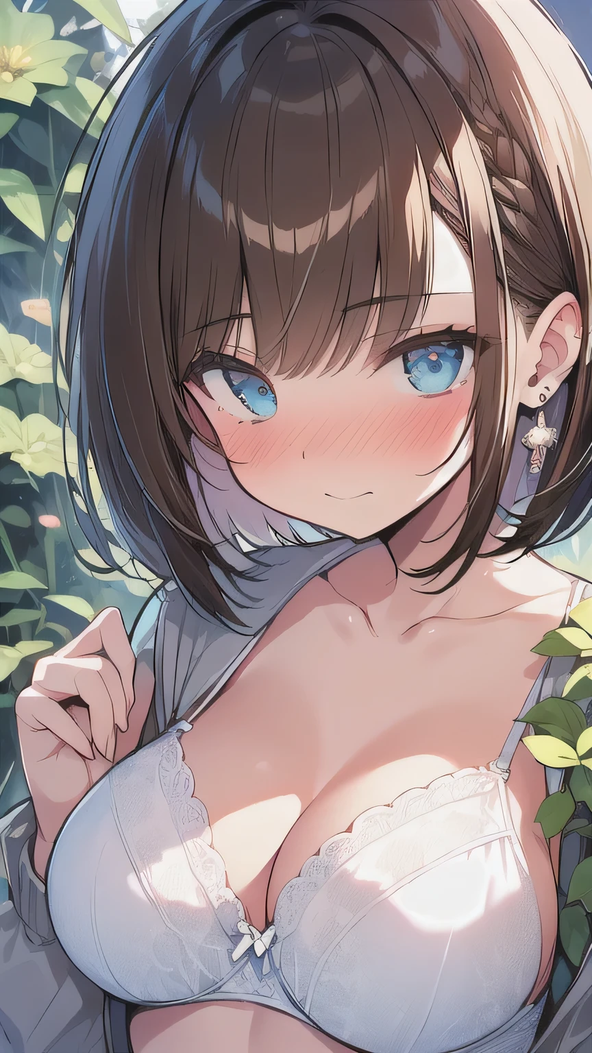 (best quality), (Super detailed), (Best Illustration), (masterpiece), (woman), top angle, from top, (white bra), (large breasts:1.2), {brown hair, (sideburns), (bob cut:1.3), curly hair, hairs between eyes, colored inner hair}, {(detailed eyes), blue eyes}, nose blush, earring, flower garden