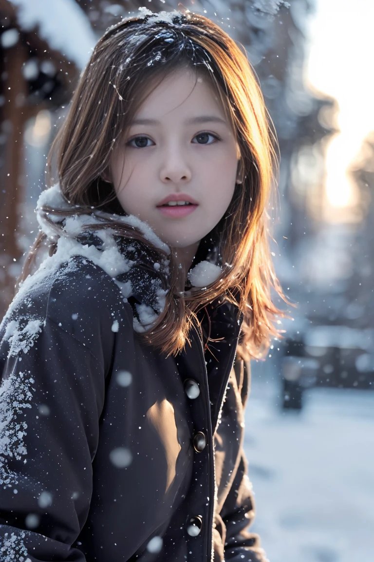 (masterpiece:1.2), Super detailed, ultra high resolution, (realistic, photo realistic:1.37), High-definition RAW color photos, professional photos, highly detailed face, very fine eyes, highly detailed skin, very fine fingers, highly detailed nose, highly detailed mouth, perfect anatomy, highly detailed background, (medium small breasts), brown hair、white skin, whole body, (puffer coat with open front、Down jacket:1.2), See-through sexy lingerie visible、camel toe、dark street view, (snow in the sky:1.6), city background, Hoodie on the head, cinematic lighting,