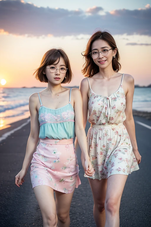 (2 girls:1.5)masterpiece, best quality, ultra quality, high quality, realistic, photo realistic, warm lighting,natural lighting,cinematic lighting,RAW photo, hyper detailed, intricate detailed, perfect anatomy, Fujifilm XT3,1girl,Japanese,(slender abs:1.3), cleavage,large hip,(camel toe:1.2), (Dark blonde and pink short girly hair over one eye:1.2), (from front:1.5),(smile:1.3),(blushing:1.3),teary eyes,(standing:1.2),sunset,magic hour,blue moment,(walking:1.3),beach,outdoor,(mideum shot), BREAK (wearing pastel color knee length sundress with floral pattern:1.3),(wind lift skirt:1.3),cleavage,(Glasses),