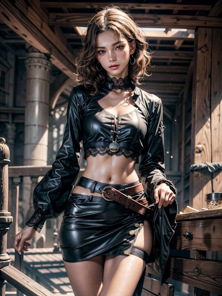 absurdres, RAW photo, extremely delicate and beautiful, masterpiece, Best Quality, ultra high resolution, 32k, hyperrealistic, ultra-detailed, perfect anatomy, anatomically correct, perfect figure, super Detailed skin, 20 years old, very Slim body, narrow waist, very small head, very small face, delicate facial features, detailed face, detailed eyes, tearful mole, earring, thin legs, bare legs, very huge round breasts, short medium hair, ((wavy hair)), wet clothes, ((Practical pirate clothing)), Long-sleeved pirate top, Skirt,
