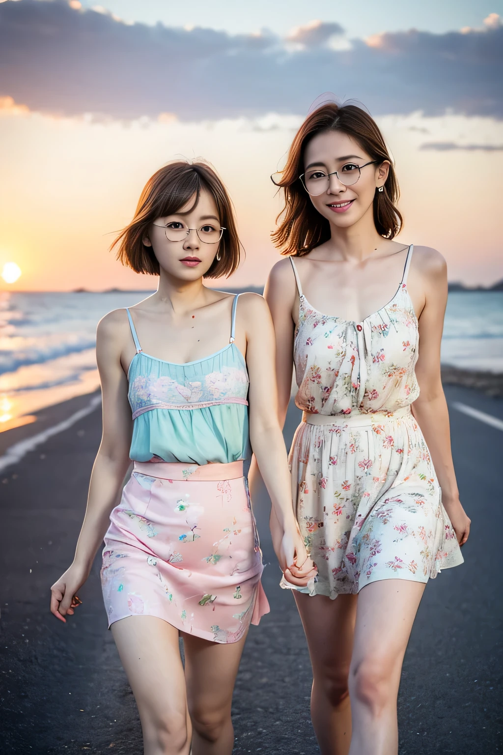 (2 girls:1.5)masterpiece, best quality, ultra quality, high quality, realistic, photo realistic, warm lighting,natural lighting,cinematic lighting,RAW photo, hyper detailed, intricate detailed, perfect anatomy, Fujifilm XT3,1girl,Japanese,(slender abs:1.3), cleavage,large hip,(camel toe:1.2), (Dark blonde and pink short girly hair over one eye:1.2), (from front:1.5),(smile:1.3),(blushing:1.3),teary eyes,(standing:1.2),sunset,magic hour,blue moment,(walking:1.3),beach,outdoor,(mideum shot), BREAK (wearing pastel color knee length sundress with floral pattern:1.3),(wind lift skirt:1.3),cleavage,(Glasses),