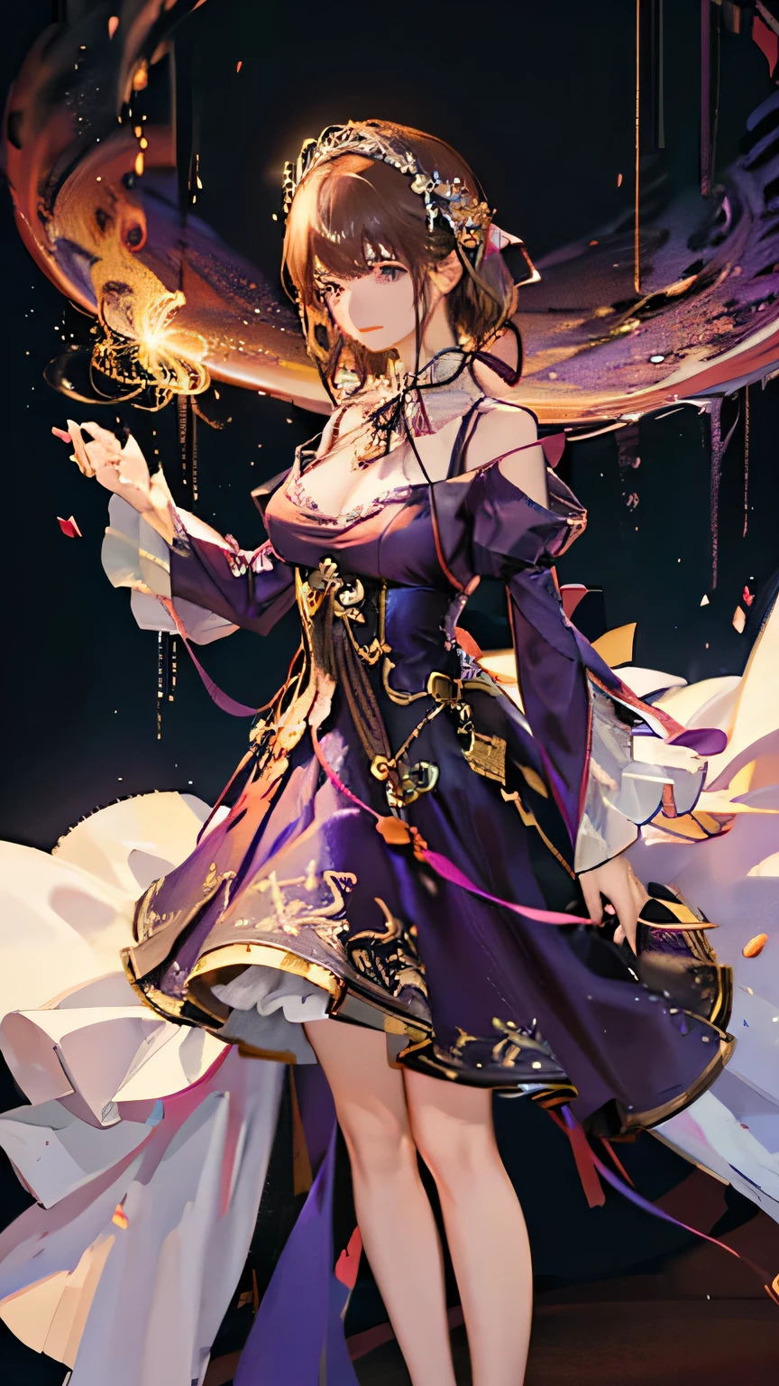 (highest quality, High resolution), Glowing Eyes, Delicate facial features, Vibrant colors, Dreamy atmosphere, Fantasy Theme, Floral Background, Graceful Movement, Detailed clothing, loose fitting dress, Elegant fashion, Magic lighting, Mysterious Aura, Heavenly Beauty, Magic thread, Whimsical elements,Big Breasts、Red attire、Colorful costumes、lingerie、Purple outfit