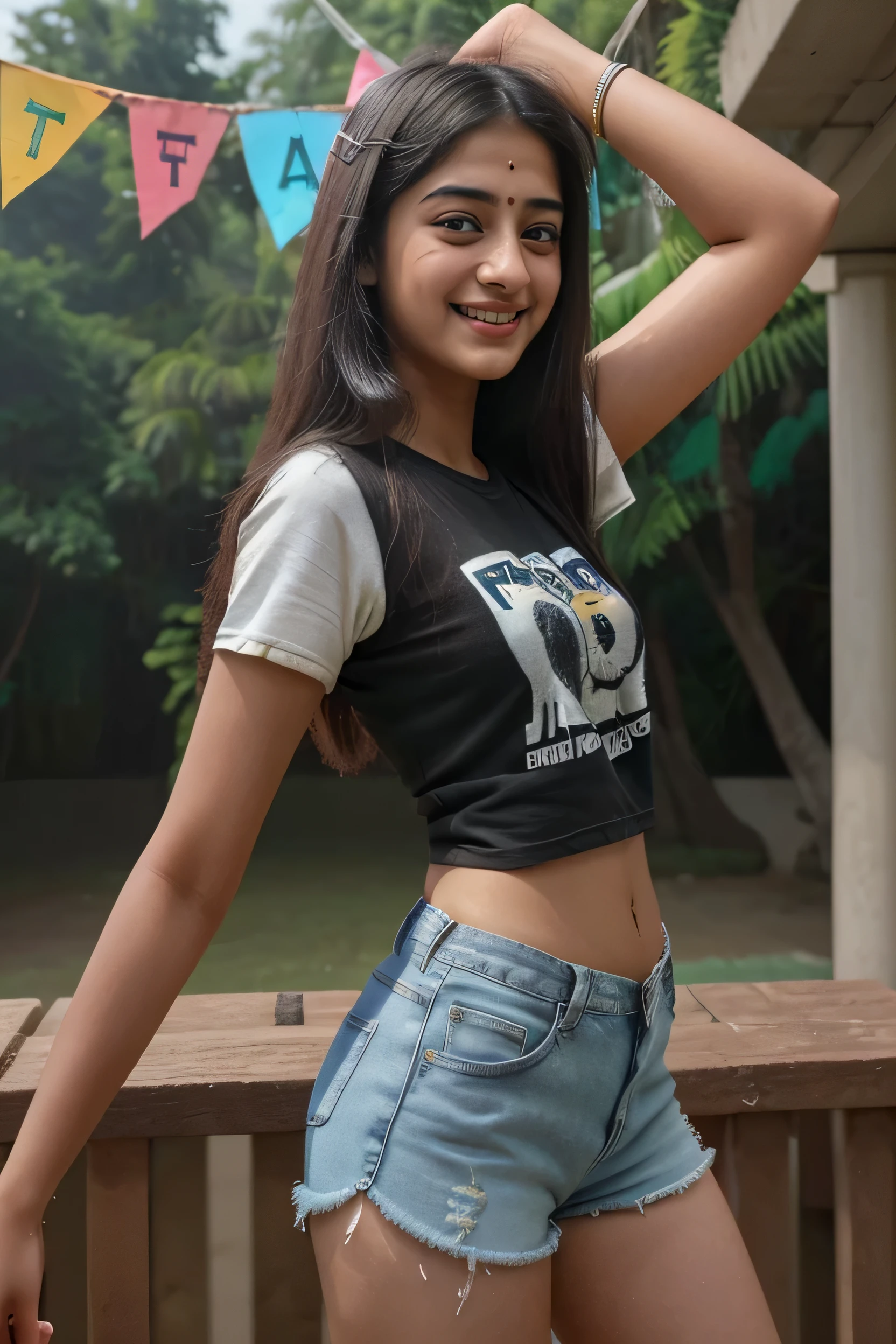 21 yo Indian women Ananya Pandey ,wearing black pollo tshirt and shorts jeans, birthday party' smiling pose perfect anatomy perfect view realistic realism ultra 4k