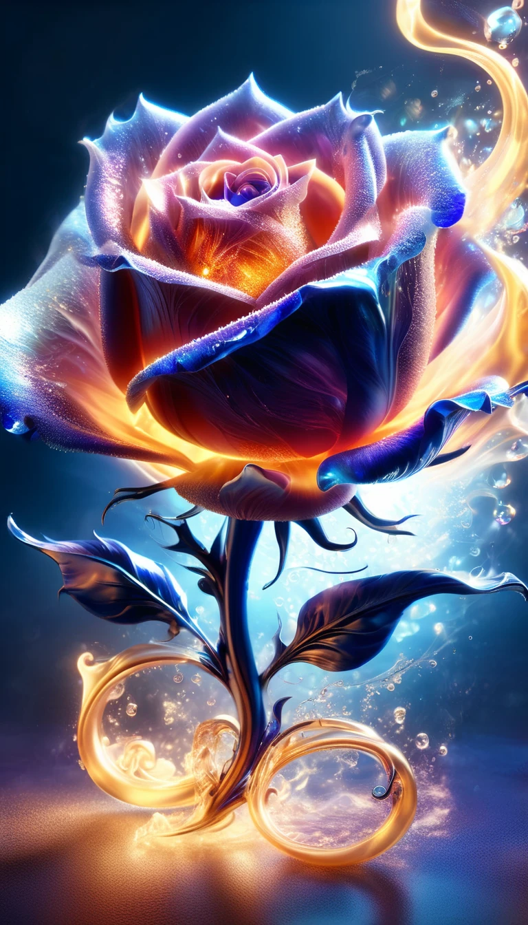 Made by AIS-RCN, 8K Photo, "words, Like a glass-coated, lustrous blue rose of flame, it leaps out of the light, Transform your thoughts into delicate works of art.", Supple, Side light,