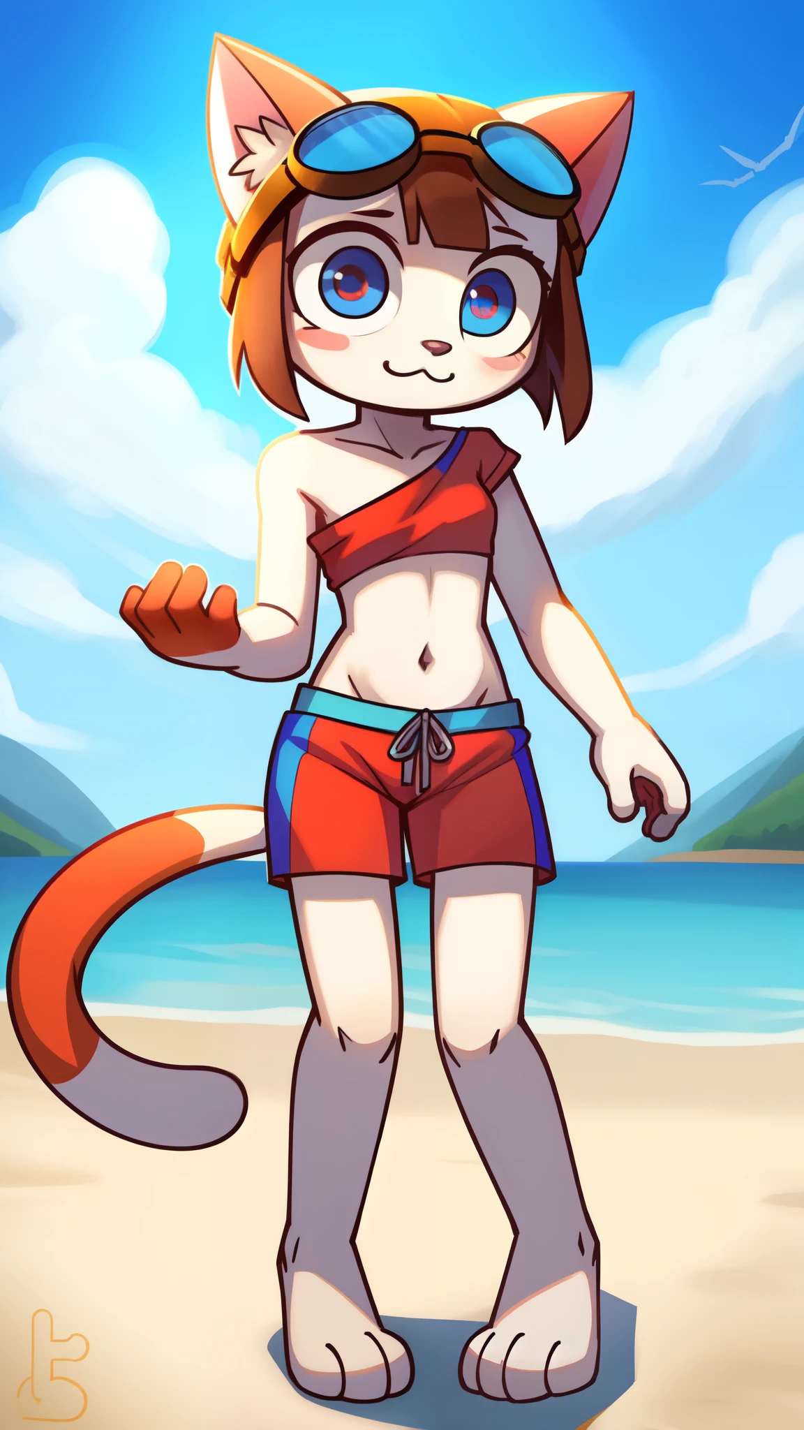 Furry girl, young, cat, pink cheeks, brown hair, short rect hair, rect bangs, small breasts, white body fur, two color eyes, red and blue eyes, detailed body fur, detailed body, detailed face, detailed eyes, skinny, high quality, masterpiece, glistering body, shiny body, ((goggles, red shirt, one shoulder, midriff, blue swim trunks)), black eye shadows, beach, clear sky, :3, standing, full body, feets with three toes, 3 toes,