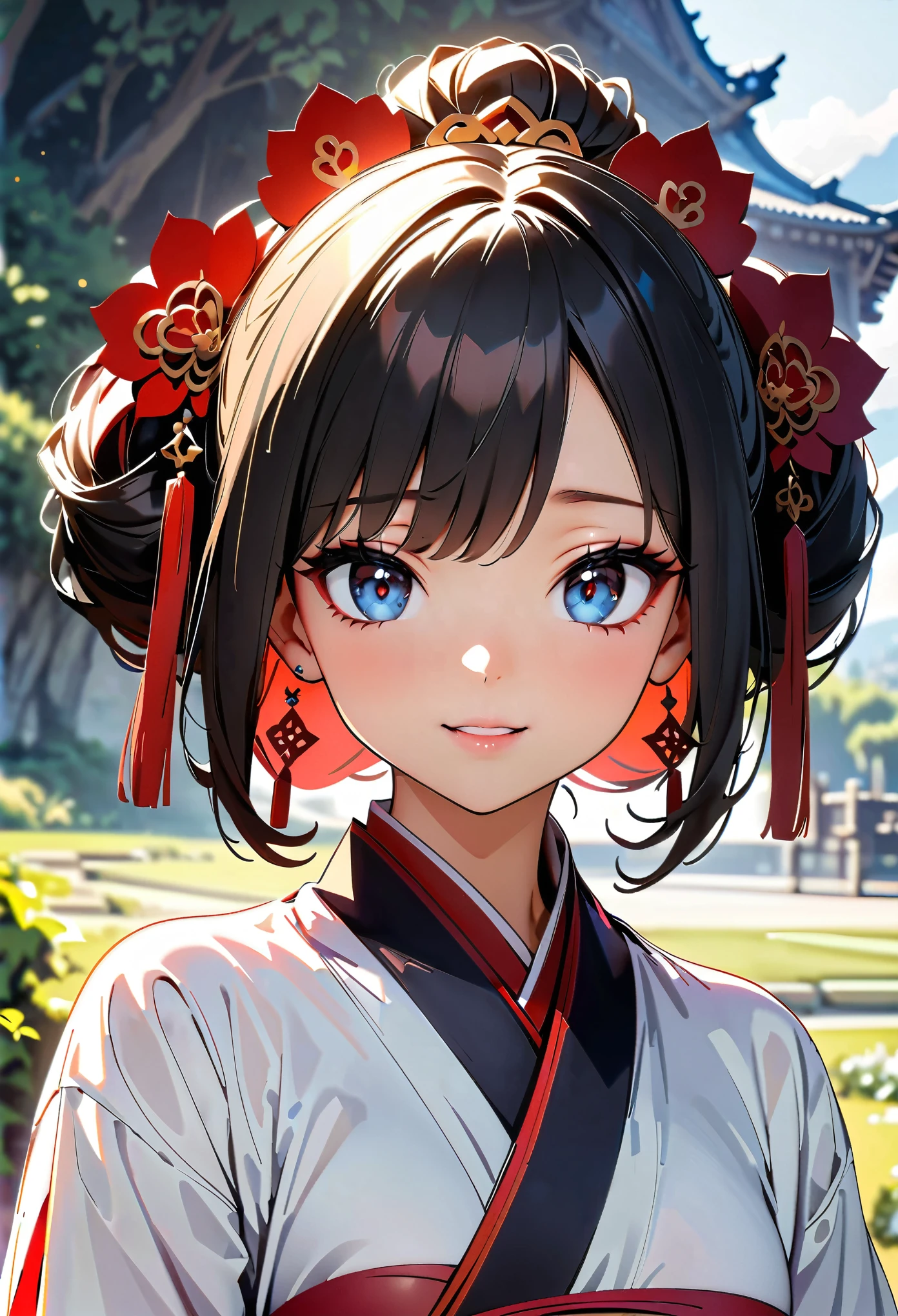 (high quality, 8k, 4K, High Contrast, masterpiece:1.2, 最high quality, Best aesthetics), ((1 female)), Chinese traditional clothing, Beautiful and detailed eyes and face, An exquisitely crafted hair ornament, Real Skin Glow, pretty girl, Shy, close, Upper Body, Clean background, A magnificent work, A fantasy landscape set in China.