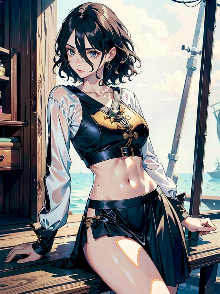absurdres, RAW photo, extremely delicate and beautiful, masterpiece, Best Quality, ultra high resolution, 32k, hyperrealistic, ultra-detailed, perfect anatomy, anatomically correct, perfect figure, super Detailed skin, 20 years old, very Slim body, narrow waist, very small head, very small face, delicate facial features, detailed face, detailed eyes, tearful mole, earring, thin legs, bare legs, very huge round breasts, short medium hair, ((wavy hair)), wet clothes, ((Practical pirate clothing)), Long-sleeved pirate top, Skirt,