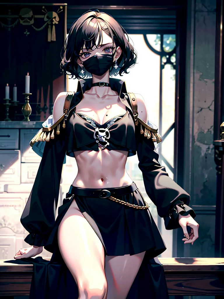 absurdres, RAW photo, extremely delicate and beautiful, masterpiece, Best Quality, ultra high resolution, 32k, hyperrealistic, ultra-detailed, perfect anatomy, anatomically correct, perfect figure, super Detailed skin, 20 years old, very Slim body, narrow waist, very small head, very small face, delicate facial features, detailed face, detailed eyes, tearful mole, earring, thin legs, bare legs, very huge round breasts, short medium hair, ((wavy hair)), wet clothes, ((Practical pirate clothing)), Long-sleeved pirate top, Skirt,