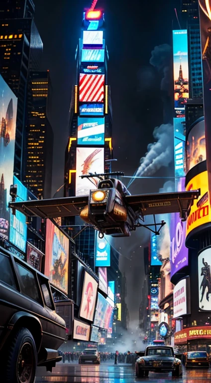 Flying cars in Times Square in steampunk style --ar 16:9, cinematic, 4k, epic Steven Spielberg movie still, sharp focus, emitting diodes, smoke, artillery, sparks, racks, system unit, motherboard, by pascal blanche rutkowski repin artstation hyperrealism painting concept art of detailed character design matte painting, 4 k resolution blade runner