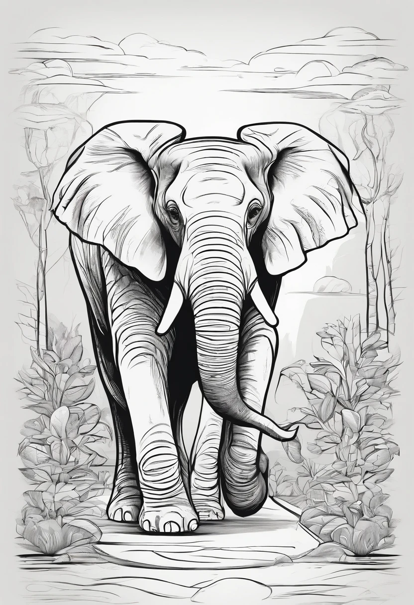 an elephant walking in a pathway line art, cartoon character, 3d style, high-quality, coloring book, hand-draw, lineart