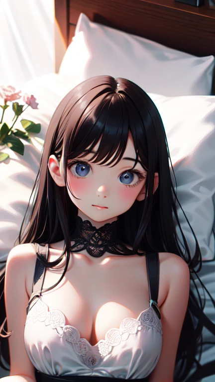 masterpiece, highest quality, One Girl, 、Thighs, beautiful girl, Flowers, たくさんの小さなflowerびら, flower、Small waist, RAWphotograph,Bright lighting、Face Light, Ultra-realistic, High resolution, photograph, Sharp focus, Highly detailed eyes and face,Symmetrical face, whole body、Large Breasts、Long Hair、チラリと見えるThighs、Emphasized cleavage、Afternoon Dresses、White high heels、Lying down、Lying on your back、bed