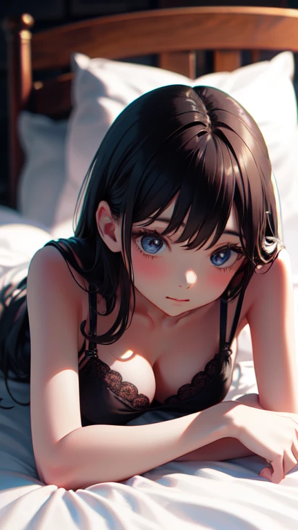 masterpiece, highest quality, One Girl, 12 years old、Thighs, beautiful girl, Flowers, たくさんの小さなflowerびら, flower、Small waist, RAWphotograph,Bright lighting、Face Light, Ultra-realistic, High resolution, photograph, Sharp focus, Highly detailed eyes and face,Symmetrical face, whole body、Large Breasts、Long Hair、チラリと見えるThighs、Emphasized cleavage、Afternoon Dresses、White high heels、Lying down、Lying on your back、bed