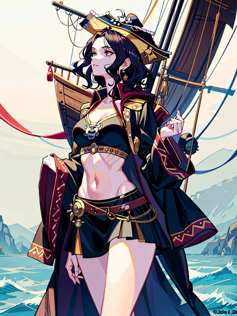 (masterpiece), victoria secret model,  highly detailed face, hires, pirate girl, Pirate eye patch, medieval sword, gun belt, cutlass, pirate ship, sailing vessel, sea, nsfw, perfect rounded boobs, perfect body shape, ((black tattoos over the entire body)), legendary outfit