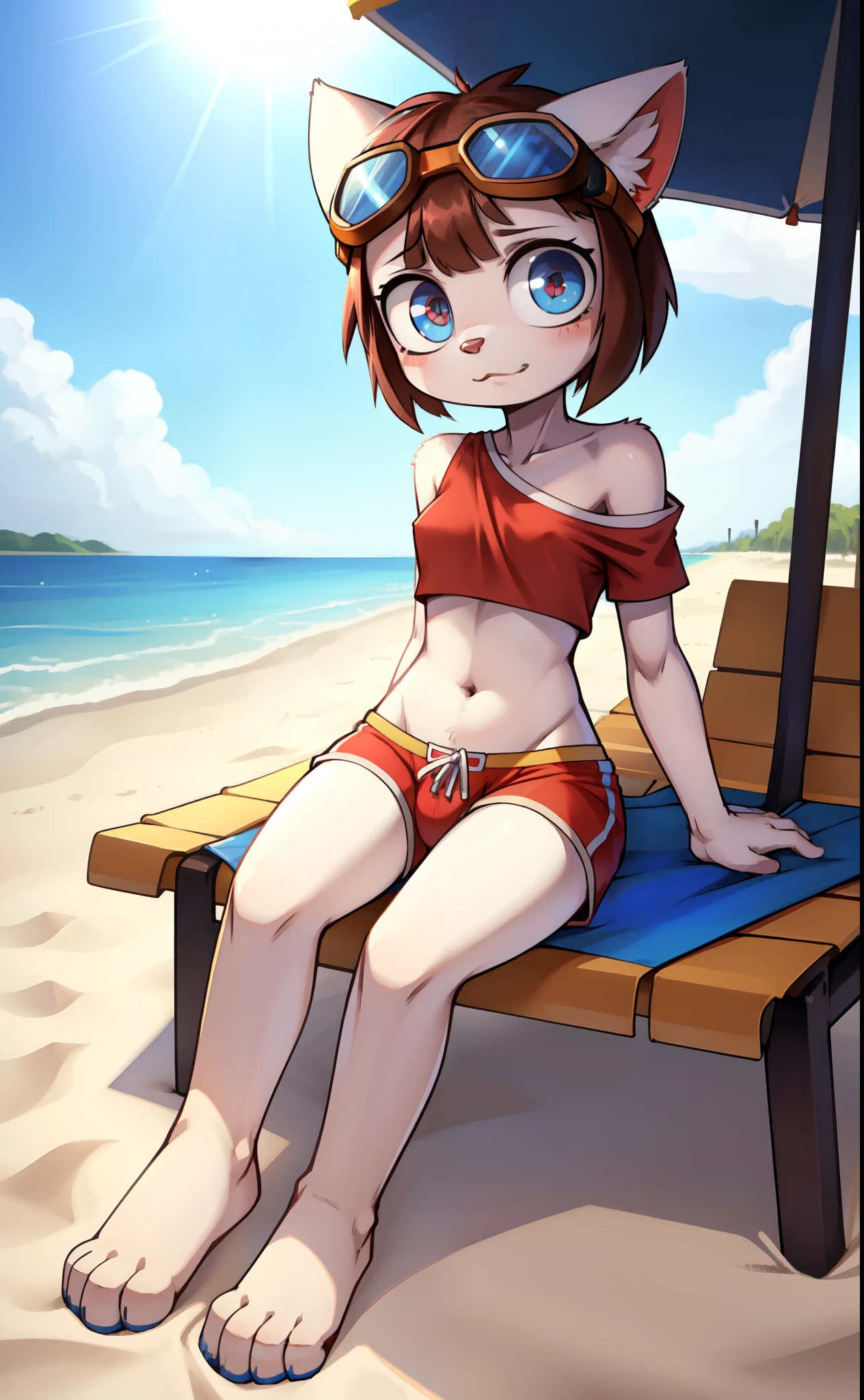 Furry girl, young, cat, pink cheeks, brown hair, short rect hair, rect bangs, small breasts, white body fur, two color eyes, red and blue eyes, detailed body fur, detailed body, detailed face, detailed eyes, skinny, high quality, masterpiece, glistering body, shiny body, ((goggles, red shirt, one shoulder, midriff, blue swim trunks)), black eye shadows, beach, clear sky, :3, sit on beach chair, full body, feets with three toes, 3 toes, skinny,