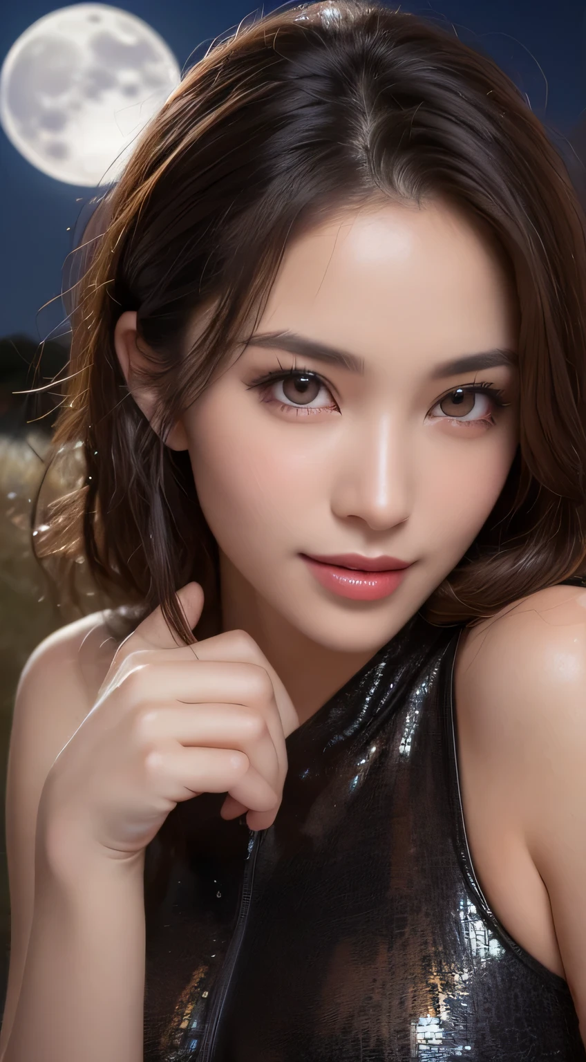 Kimono beauty, body portrait, 8k, slender and beautiful eyes, Dindal effect, masterpiece, top quality, high quality, high resolution, highly detailed photo, (natural skin texture, fine skin, hyperrealism, ultra sharpness), skin Attention to detail, (very fine, fine skin texture, intricate details, beautiful face, (realistic face), realistic eyes, beautifully detailed eyes, realistic skin, beautiful skin, surreal, highly detailed, golden ratio, smiling eyes, (( night moonlight background)), body portrait, G cup, big breasts, huge breasts, big breasts, glamorous, shiny bodysuit, The cleavage is wet,