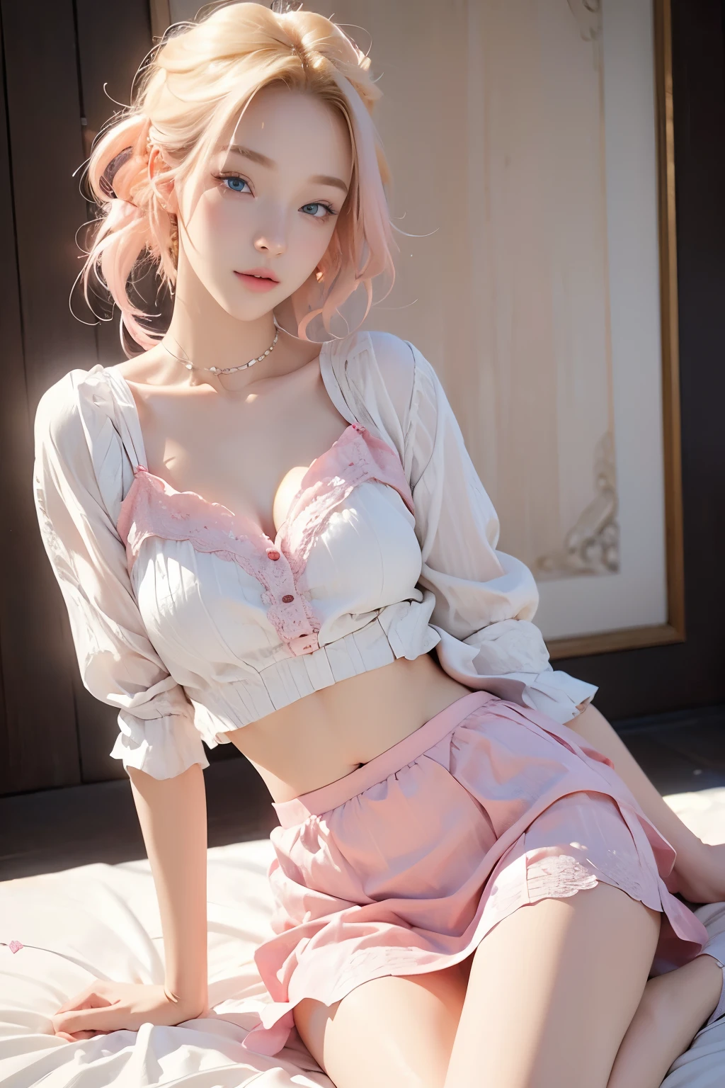 Very beautiful masterpiece, sexy blonde, pink hair, blue eyes, expressive eyes, detailed skin, realistic skin texture, detailed eyes, beautiful woman, pink bra with white, pink lace panties, short skirt, white skirt,
