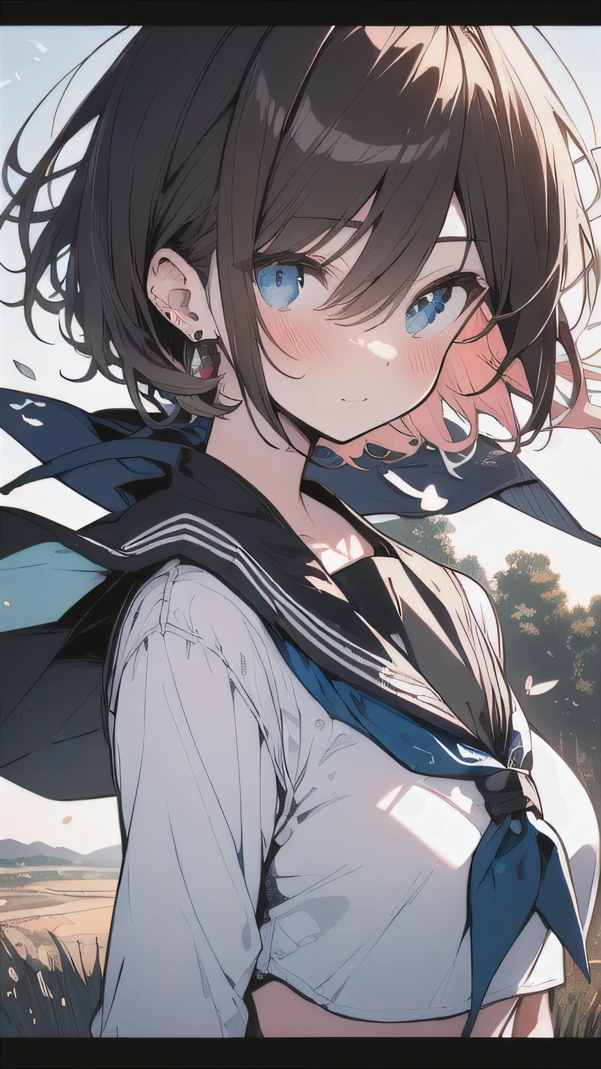 (best quality), (Super detailed), (Best Illustration), (masterpiece), (woman), high contrast, {(white serafuku:1.2)}, (large breasts), {brown hair, (sideburns), (bob cut:1.3), curly hair, hairs between eyes, colored inner hair}, {(detailed eyes), blue eyes}, blush, earring, wind, (country landscape)
