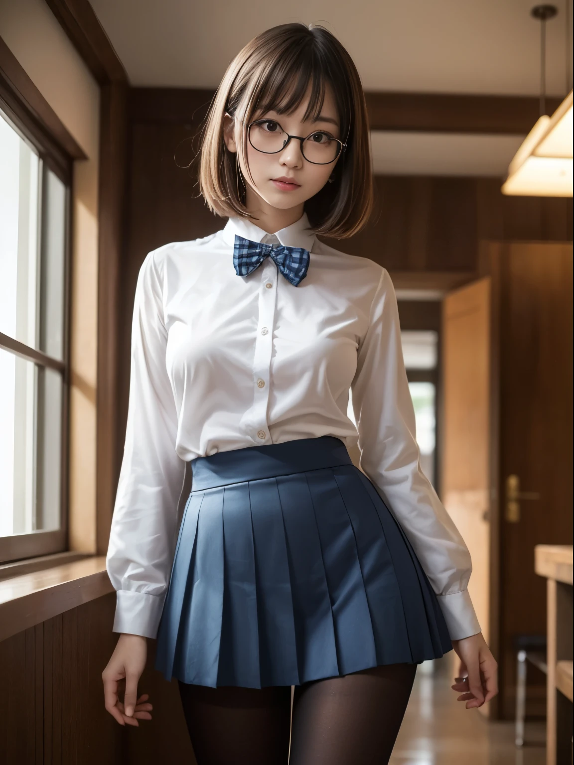 (Long Bob Cut),(I can see your underwear),(8K、Writing、Highest quality、masterpiece:1.2),Small breasts,Chromo - White skin,Saucy,School、Looking at the audience,Looking at the front,Plump,High-pitched clothing,Erotic,pupil,De Pere Blanca,Kune,(Black Pantyhose)),Disorganized,Small face,,The forehead is visible,額左右から垂れ下がっている前hair,(Cold look,awkward eyes、Glare、strong、irascible)、masterpiece、Highest quality、Ultra-high resolution、Writing真、even、Beautiful feces、one person、solo、Glasses、Dark look、Small breasts、ふくよかなbody、丸Glasses、JK、high school girl、Japanese women、Are standing、(PhotoReactive:1.37)、Photon Mapping、Realistic、Beauty、Cute little face、Brown eyes、Black socks、(Red bow tie)、Radio City、Physically Based Rendering、Depth of written boundary、Blurred Background、image、body、Beautiful feet、Long legs、Thin legs、(前hairが見える)、hair、lips、Blue_The目、The nose is soft、(Light blue shirt)、(Navy, blue and white checkered pleated skirt)、I can see your knees、See-through clothing、Thighs、black cotton socks、Nogizaka Idol、、Japanese Ido