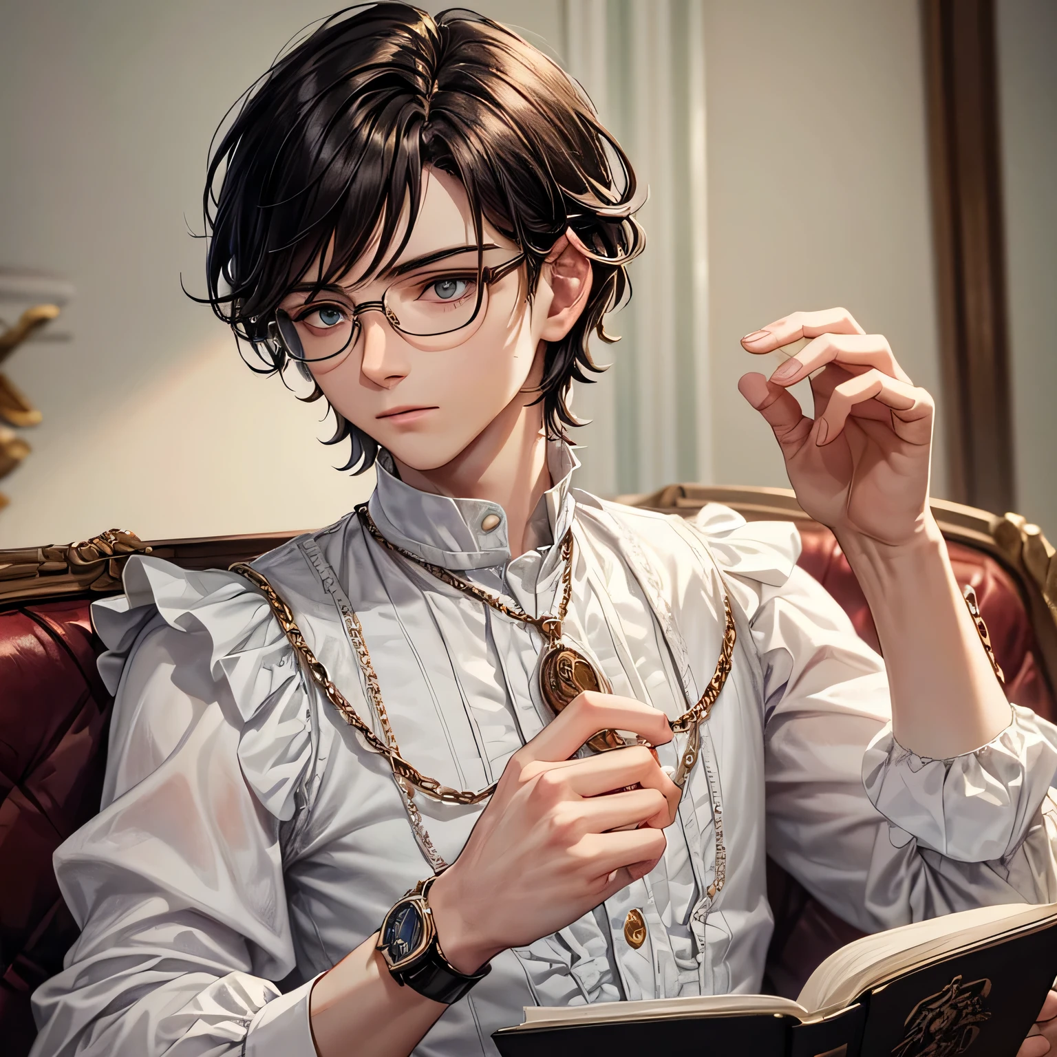 A young Slavic man. 1950’s era writer. He wears a white shirt with loose sleeves and light ruffles around the cuffs and a dark vest with a bronze watch chain. He isn’t the wealthiest, but he’s pretty enough, with fluffy dark hair. Portrait. He has reading glasses.