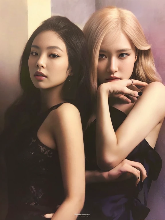 Two Asian women posing for a photo in a black dress., foto de revista, con hiedra, jiyun chae, glossy foto de revistashoot, jia, like a catalog photo, tumblr, kim taejin, perfume, foto editorial de la revista, seson yoon, rosa negro, choi, dos veces, in the girls' generation, de mi parte, Hana Alisa Omer, con negro, yan