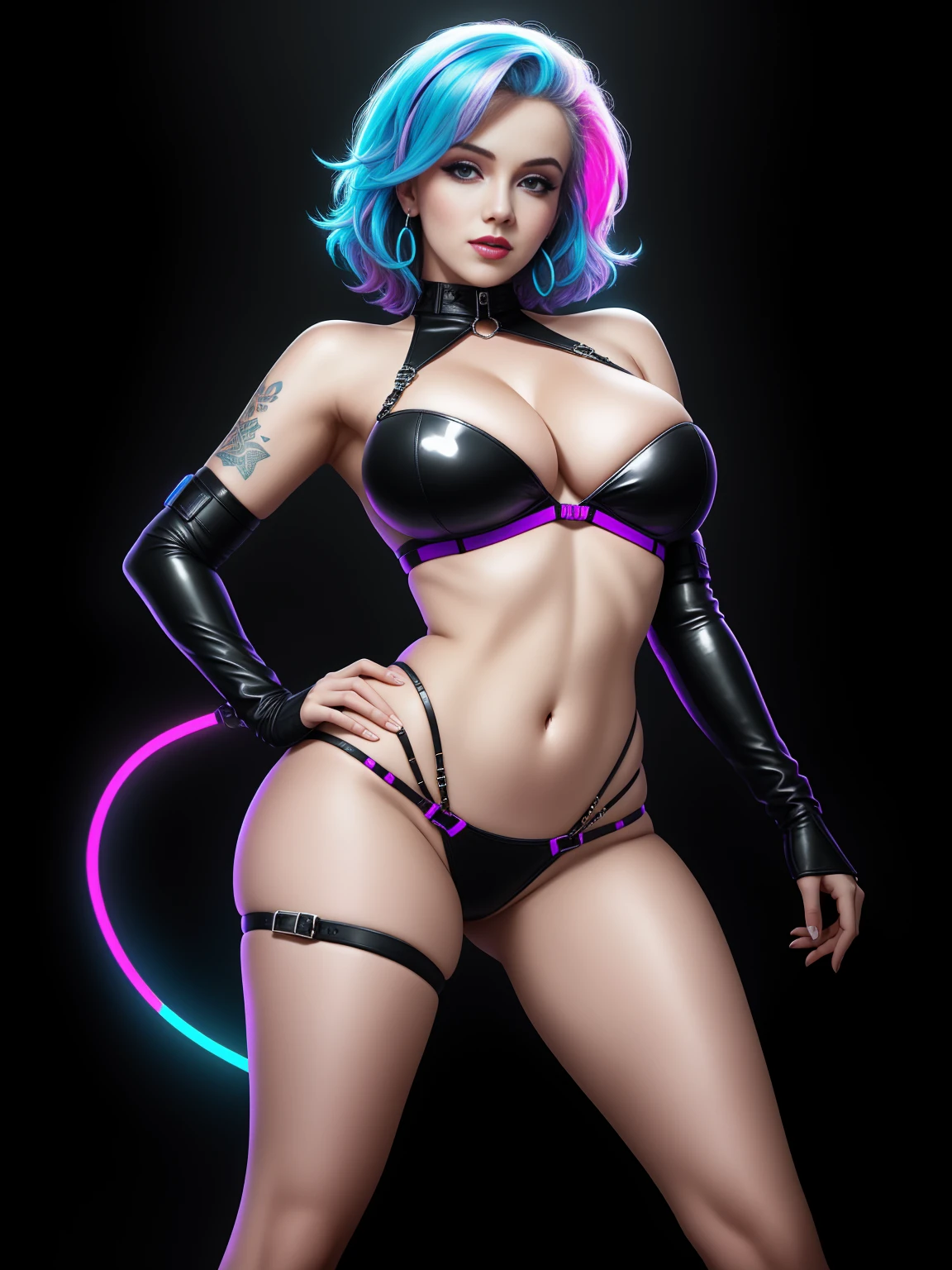 there is Marilyn Monroe, royal blue and bright purple neon streaked hair, 3 d neon art of a womans body, neon-noir background, cyberpunk femme fatale, seductive cyberpunk dark fantasy, cyberpunk strip clubs, cyberpunk 20 y. o model girl, oppai cyberpunk, banner, high definition cgsociety, cgsociety masterpiece, trending on cgstation, kda, random hair, looking at camera, gigantic breasts, cleavage, (high detailed skin:1.2), 8k uhd, dslr, super lighting, high quality, film grain, high res, highly detailed, hyper realistic, beautiful face, beautiful body, beautiful eyes nose lips, alluring expression, very bold, upper  visible, full body photo, standing legs apart, pale translucent glowing skin, most beautiful face, cute, (well defined pubic hair:1.2)), (dark plain black background:1.4))