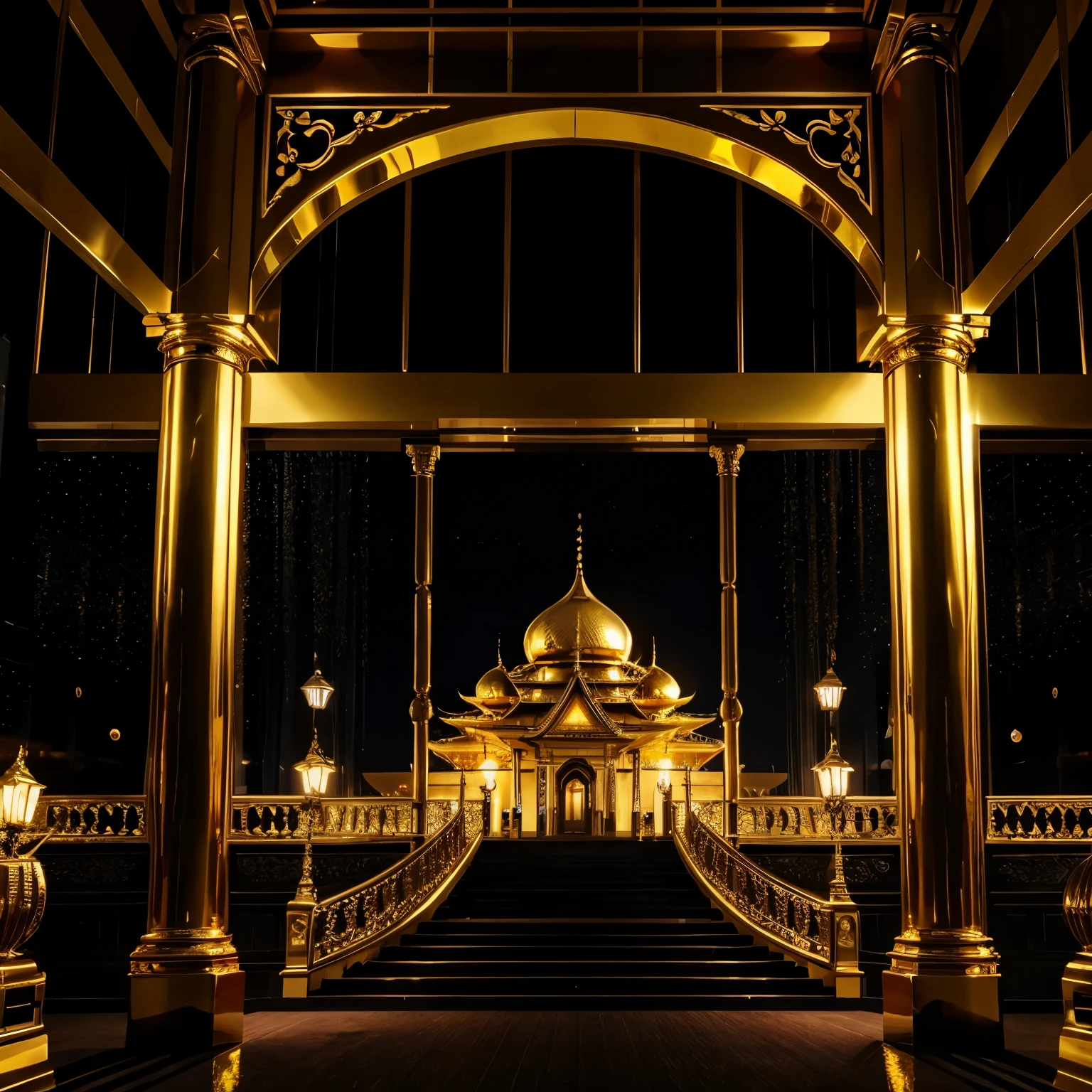 a gold palace in the night with anime style